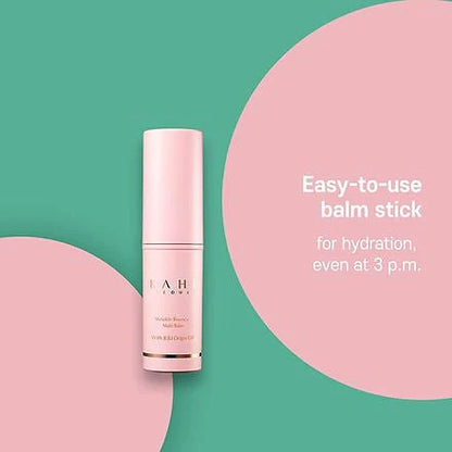 Pink balm stick on a green and pink background with text about hydration.